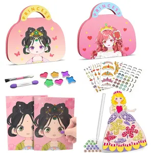 Portable Kids Art Craft Set, Paper Art DIY Makeup Girl Toy Kit with Diamond Painting, Princess Dress-Up Stickers, Ideal Gift for 3 Years and Up, Diamond Painting Kits