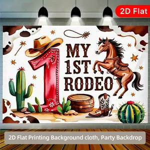 2D flat 1pc rodeo birthday decoration hanging cloth, Western style red size 1 cowboy hat horse cactus desert pattern wall background cloth, suitable for party photo background, cowboy party decoration banner, polyester material, multiple sizes available