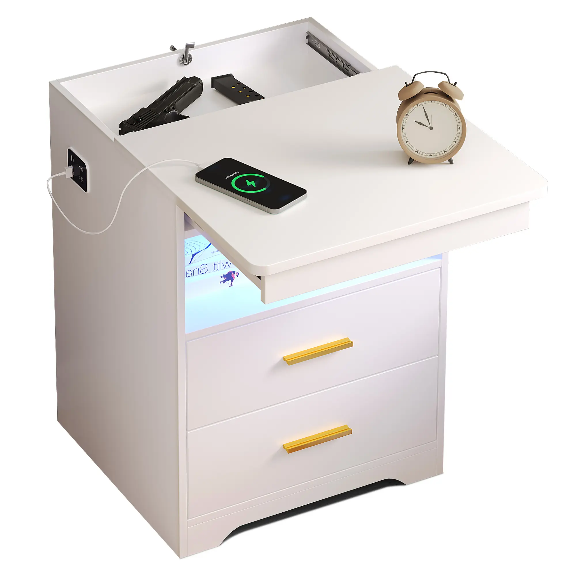 Miu Nightstand Gun Drawer With Sliding Top Charging Station And LED Lights Furniture Bedroom Modern Design Bedside Table Drawer Home