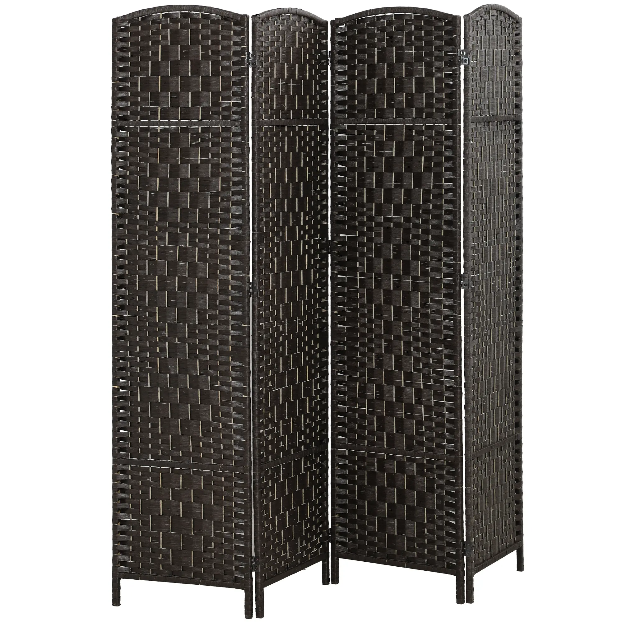 4 Panel Folding Room Divider – Coffee. 70.9" Tall Wicker Weave Partition. Arched Top + Poplar Wood Frame. 360° Dual-Direction Hinges. No Assembly