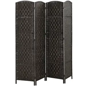 4 Panel Folding Room Divider – Coffee. 70.9" Tall Wicker Weave Partition. Arched Top + Poplar Wood Frame. 360° Dual-Direction Hinges. No Assembly