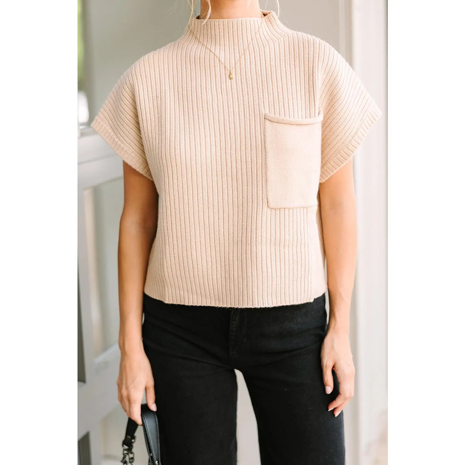 Oatmeal Patch Pocket Ribbed Knit Short Sleeve Sweater