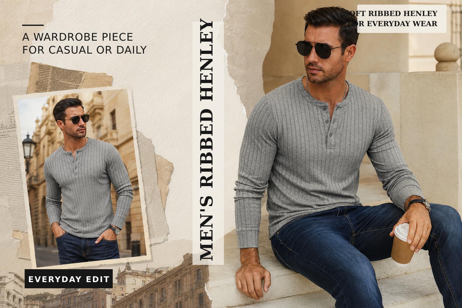 Men’s Ribbed Henley Long Sleeve Shirt Slim Fit Stretch Casual Knit Pullover for Men Soft Breathable Fashion Tee