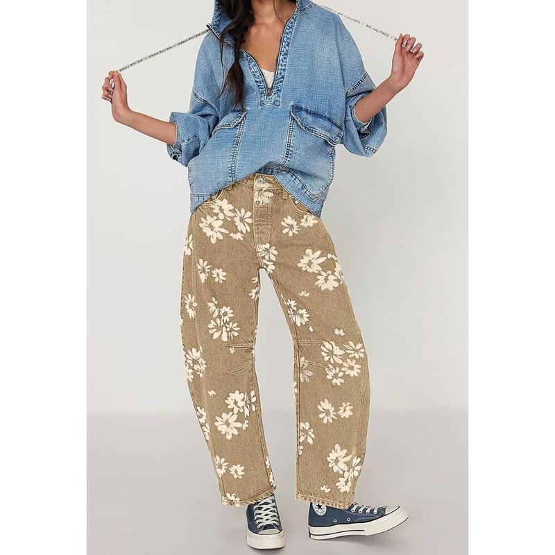 Women Y2k Distressed Barrel Jeans Baggy Wide Leg Jeans Floral Printed Boyfriend Patchwork Denim Pants2026