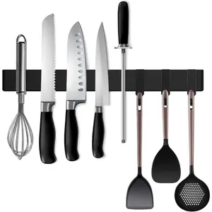 Larger 17 inch Double Sided Black Stainless Steel Magnetic Knife Strip for Refrigerator, Magnetic Kitchen Knife Holder with Hooks for Wall/Fridge, Strong Magnetic Knife Rack Knife Bar
