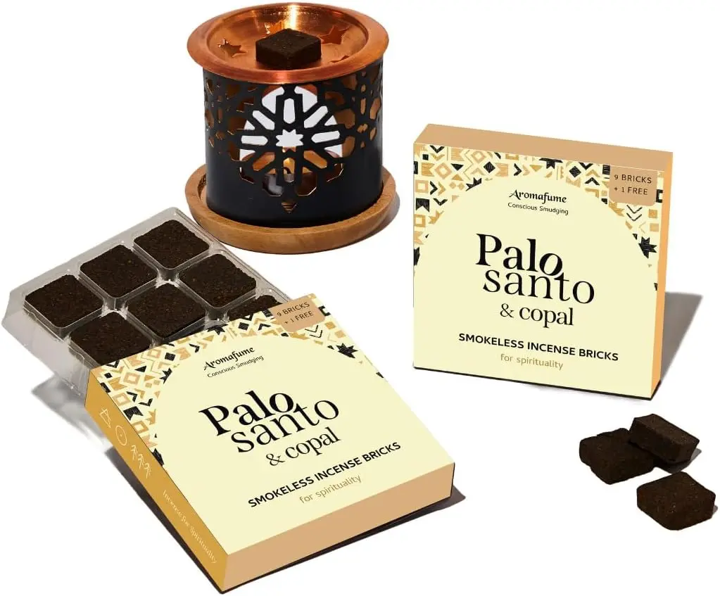 Palo Santo & Copal Smokeless Incense Bricks & Oriental Burner | 2 x 9 Bricks | Aromatherapy | Smudging | Made with Essential Oils | Natural Air fresheners for Home | Spiritual Meditation Accessories