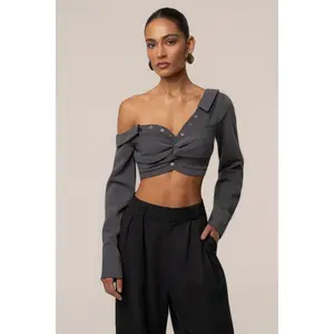 Grey Off-Shoulder Twist Crop Top