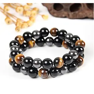 Triple Protection Bracelet for Bring Luck and Prosperity Hematite Black Obsidian Tiger Eye Stone Bracelets for Men Women, Beaded Buddha Healing Rope Uni Bracelet (2pcs)