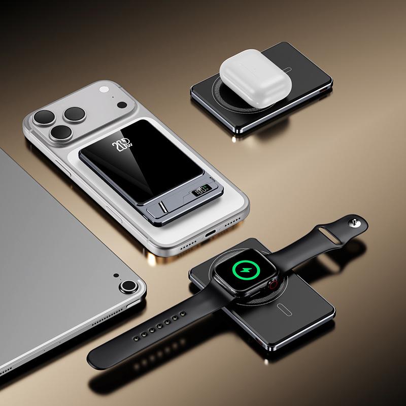 MagSafe Portable Charger 5000mAh, 20W USB-C PD Fast Charging Magnetic Power Bank with Foldable Stand & LED Display, Wireless Charging for Phone, Watch & Earbuds, Compatible with iPhone 17/16/15/14/13/12 Series