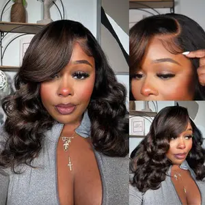 【 Summervibe 】Pre-Styled Body Wave Glueless Layer Wavy Bob Wig Reddish Brown / Blonde Highlight /Chocolate Brown/99J ColorTransparent Lace Ready To Go Wigs#Summervibes