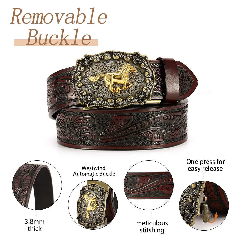 Vintage Wild West Cowboy Men's Automatic Ratchet Belt with Distressed Silver Buckle, Gilded Horse Embossment and Retro Floral Engraving, Classic Western Ranch Style Accessory, Ideal Gift for Valentine's Day and Father's Day brown option