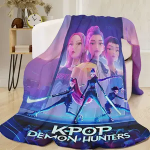 Kpop Demon Hunters Flannel Blanket 270G Anime Game Peripheral Thick Warm Home Sofa Cover Blanket Bedroom Nap Blanket Cartoon Two-Dimensional Print Multifunctional Blanket Soft Cozy Throw for Fans Gift