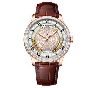 Men's Rose Gold Automatic Mechanical Watch, 3D Engraved Dragon Semi Skeleton Dial Roman Numerals Crystal Diamond Bezel Brown Crocodile Leather Strap Oriental Lucky Luxury Wrist Watch
