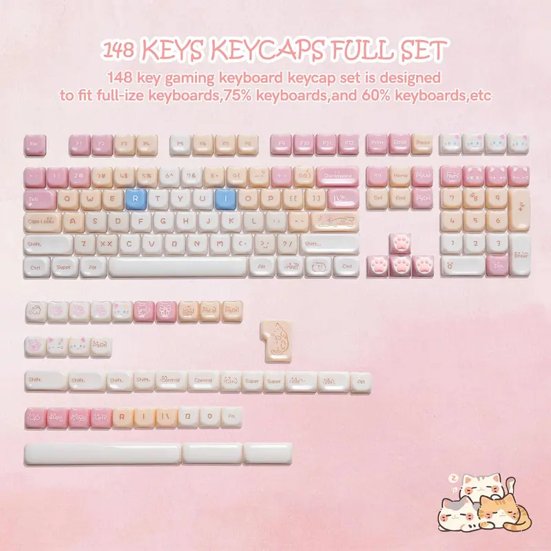 Womier Jade Jelly Dye-Sublimation Keycaps, 148-Piece Cute Moa Profile Translucent Ragdoll Cat Design, Transparent PC Material, Dye-Sublimation Technique, Compatible with 100%,75%,65%,60% Mechanical Keyboards, RGB Glow Compatible Jelly Keycaps Keyboards