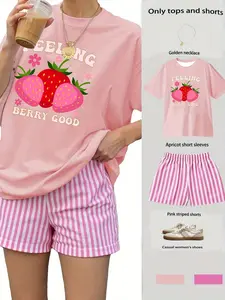 Women's Everyday Casual Short-Sleeve Top and Shorts Set, Spring/Summer Round-Neck Casual Pink Striped Print Shorts and T-Shirt Set, Loungewear, Homewear and Pajama Set, Comfortable, Lightweight and Fitted Two-Piece Set