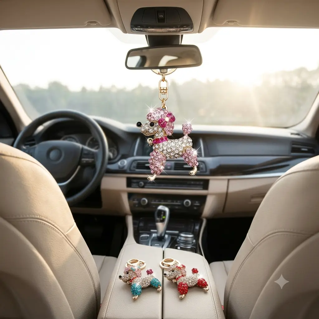 Bling Rhinestone Poodle Dog Car Mirror Hanging Ornament, Luxury Crystal Puppy Vehicle Charm, Aesthetic Coquette Girly Auto Interior Decoration, Fully Encrusted Teddy Keyring Pendant Hanger Gift for Dog Moms