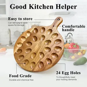 Wooden Deviled Egg Tray, Egg Organizer, Reversible 24-Hole Round Egg Rack Container, Kitchen Countertop Deli Board, Dining Plate