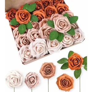 50pcs of 3-Inch Faux Foam Roses in a Terracotta Sunset Color Scheme Featuring Burnt Orange And Nude Tones, Perfect for Creating Realistic Boho Wedding Bouquets, Centerpieces, Autumn Decorations