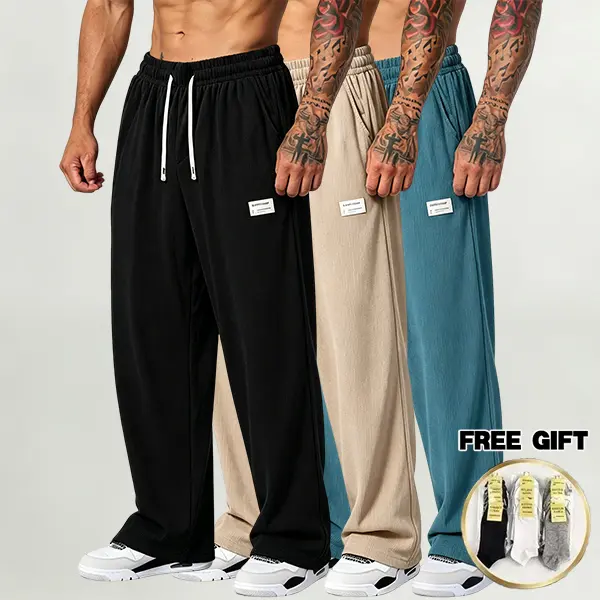 3pcs Men’s Four-Season Loose Athletic Pants – Solid color drawstring waistband design, stylish and versatile soft fabric, sporty casual style, suitable for spring/autumn workouts and everyday wear