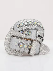Unisex Y2K Western Cowboy Belt, Punk Style Silver Color Rhinestone Buckle, Fashionable Party Accessory, Perfect for Jeans & Halloween Gifts, Rhinestone Skull Belt, Sparkling Western Belt