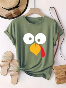 Women's Cute Turkey Face Print Round Neck Tee, Casual Short Sleeve Crew Neck T-shirt for Daily Wear, Ladies Clothes for All Seasons