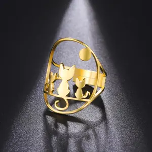 Titanium steel hollow three cats open adjustable ring for men and women personality cute all-match stainless steel ring couple gift