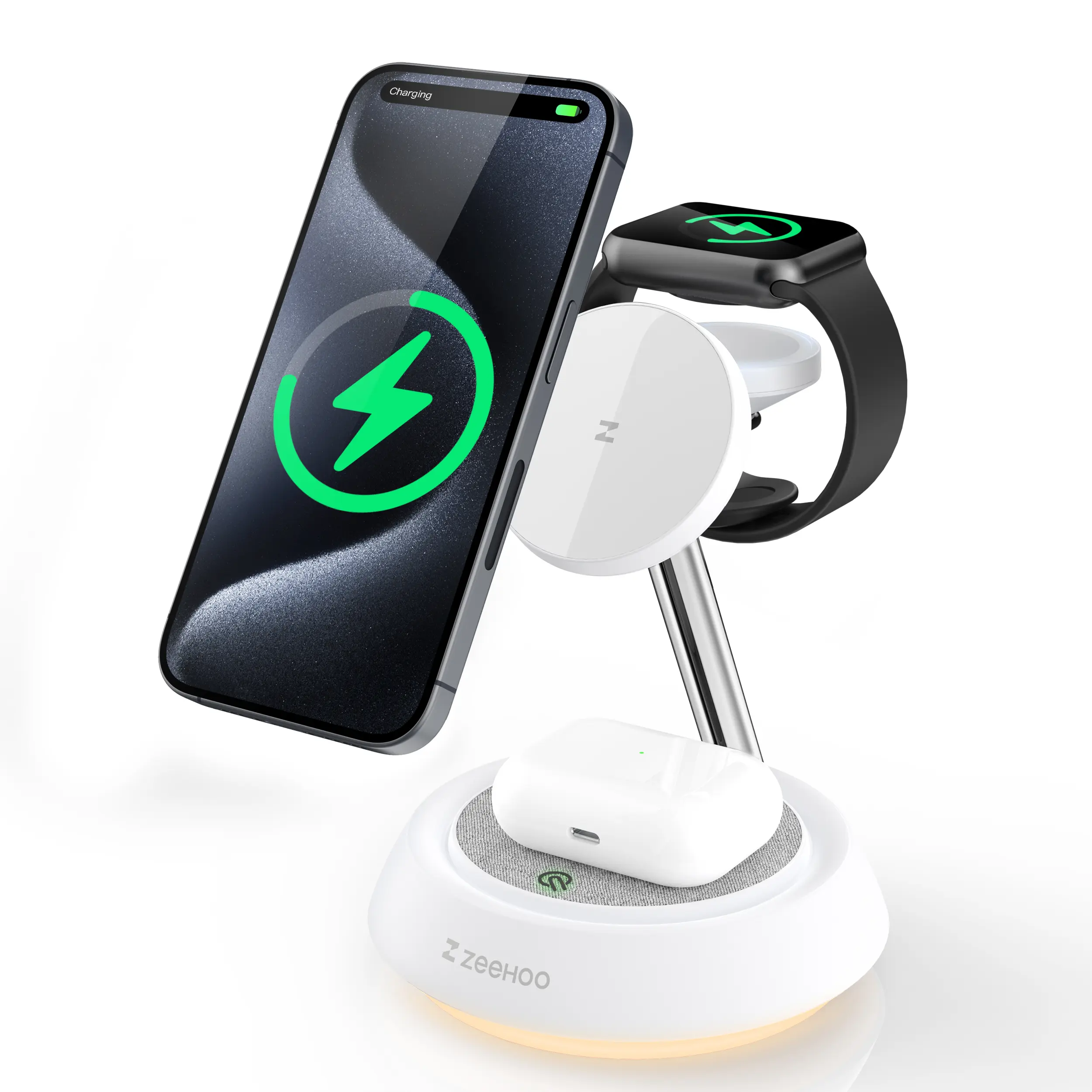 ZEEHOO 3 in 1 Wireless Charging Station, Wireless Charger Stand with Night Light, Fast Charging for iPhone 15 Pro 14 13 12 Max/Mini/Plus, for Apple Watch, AirPods & Earbuds, Portable Wireless Charger, Cellphone & Smartphone Charger