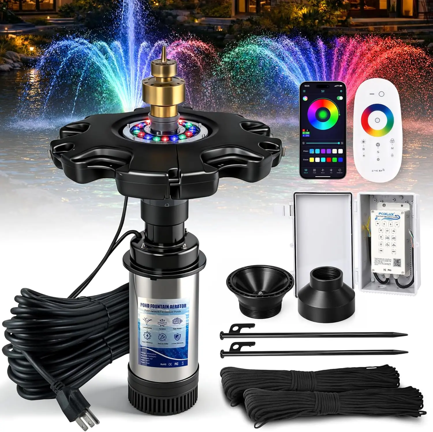 FOXLUX  RGB LED Pond Fountain Aerator 750W with Color-Changing Light Show, 1HP 15000 GPH Floating Aerating Pump, 100ft Power Cord, Controller, APP & Remote Control, Perfect for Ponds & Lakes(120V)