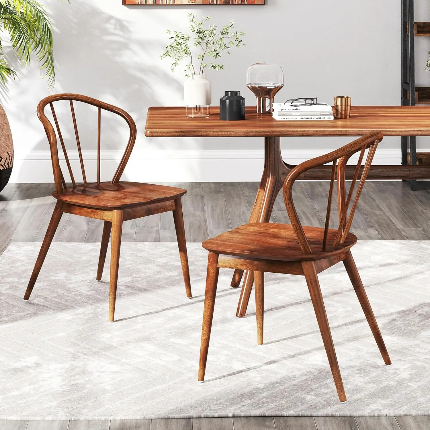Giantex Wooden Dining Chairs Set of 2, Windsor Kitchen Chairs w/High Spindle Back & Rubber Wood Legs, Wide Seat & Curved Backrest, Farmhouse Side Chairs, Armless Accent Chairs for Home Restaurant