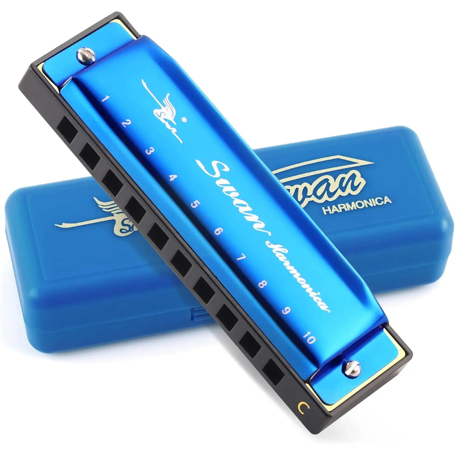Blues Harmonica Key of C Mouth Organ Diatonic Harmonica with Case, 10 Hole 20  Stainless Blues Harp for Adults, Beginners and Professional ( Blue)