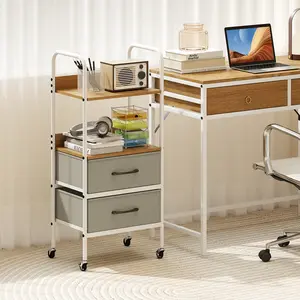 COSTWAY - Rolling Utility Storage Cart with 2 Open Shelves and 2 Fabric Drawers-Natural