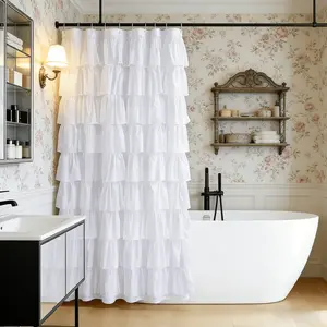 Multi-Layer Ruffled Shower Curtain for Farmhouse Bathroom, Dual Layer Fabric, 72x72 Inches, Opaque, Elegant Decoration