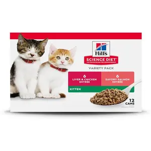 Hill's Science Diet Kitten Wet Cat Food Variety Pack, Liver & Chicken, Salmon Minced, 2.9 oz. Cans, 12-Pack