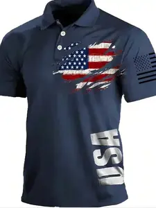 Men's Summer Graphic Print Short Sleeve Golf T-Shirt, American Flag Casual Fitness Tennis Tee, Fitted Moderate Fabric, All Seasons Wear, Golf T Shirts