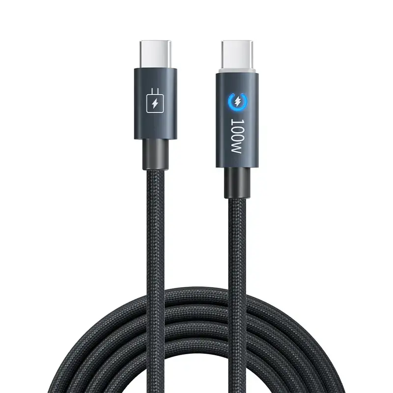 100W Type-C Braided Fast Charging Cable - Smart Auto-Stop, LED Indicator, Overcharge Protection for Smartphones, Laptops, Tablets
