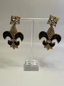 Sophisticated Smaller Black and Gold Beaded Dangle Fleur de Lis Earrings