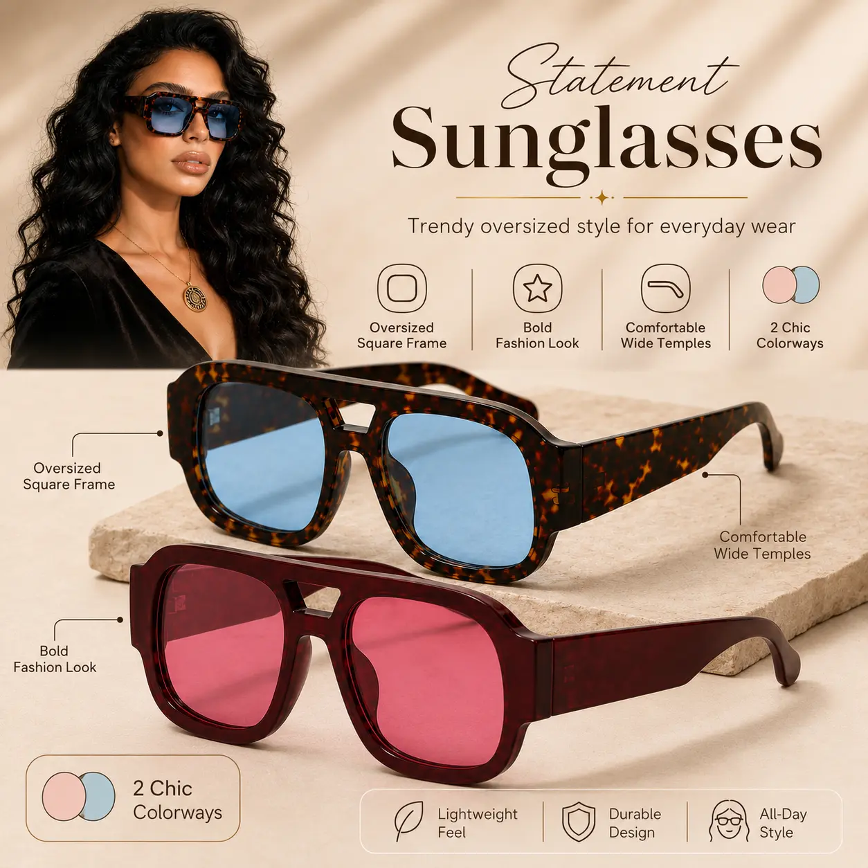 Retro Double-Bridge Square Aviator Sunglasses for Men - UV400 70s Vintage Fashion Eyewear for Summer Outdoor Wear