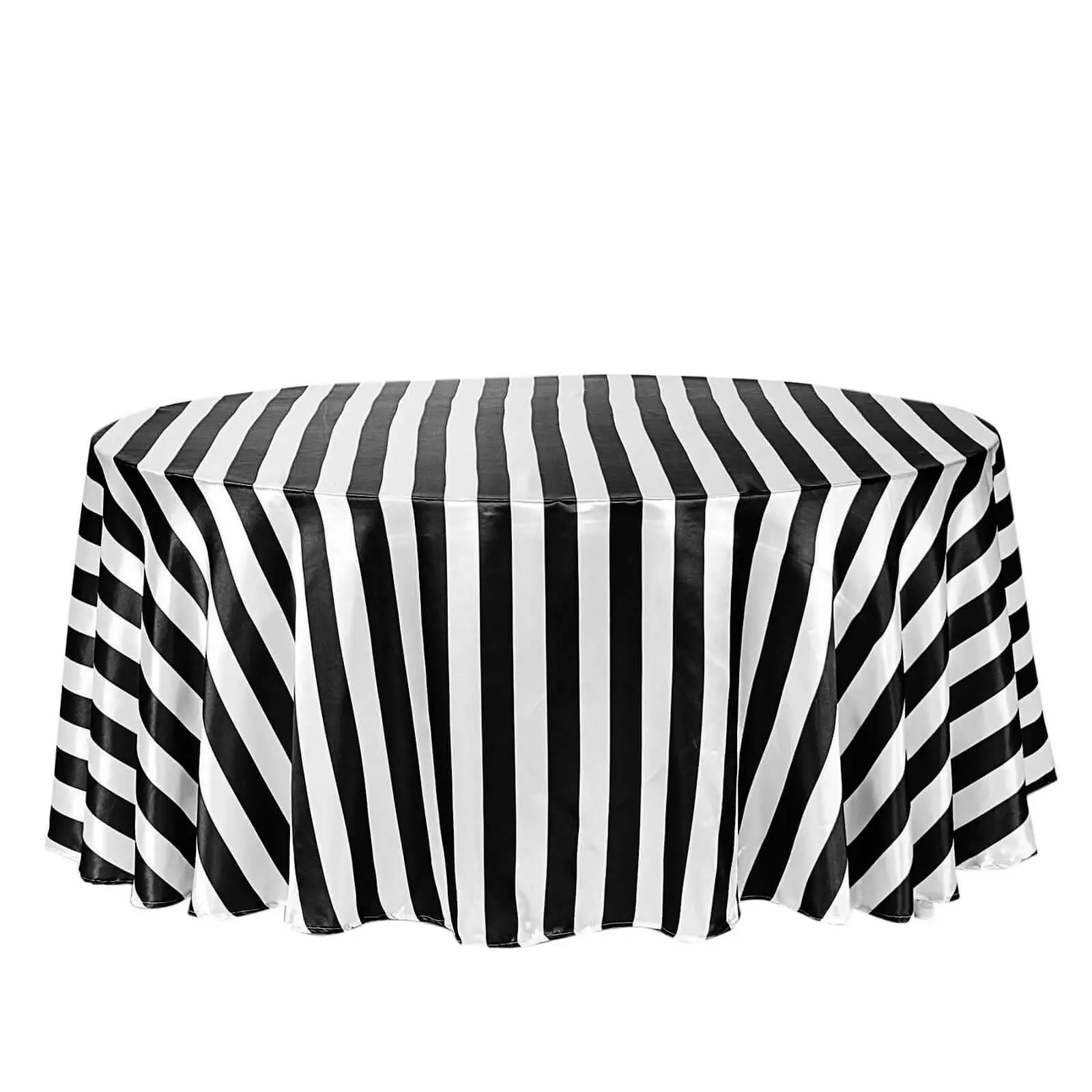 120" Round Satin Tablecloth - Black/White Stripe Design, Seamless Silky Smooth Finish, Washable Outdoor Furniture Table Cover, Washable Table Cover