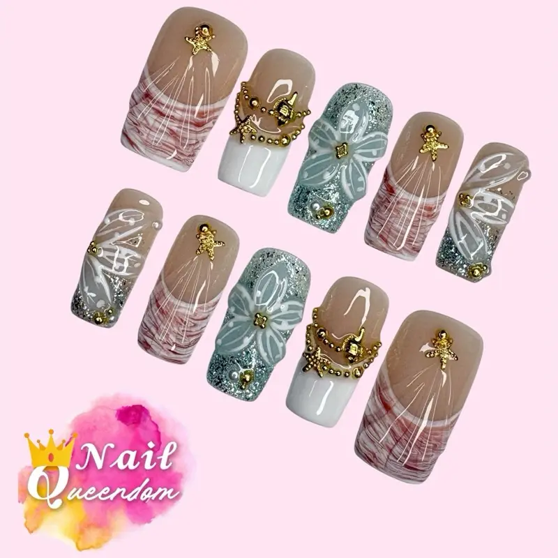 Nail Queendom [AQUA DREAM] Handcrafted 3D Press-On Nails Reusables Long Lasting Salon Quality Easy Application 10 Pieces Set Eco-Friendly 3D-gel Finish