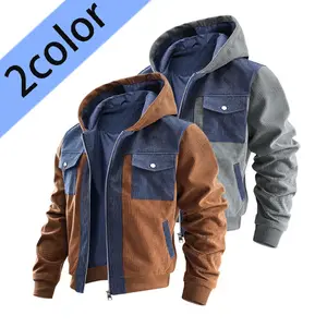 2026 New Patchwork Hooded Jacket, Denim + Corduroy Color Block, Brown and Gray, Retro Trendy Style, High Suitability for Daily Wear