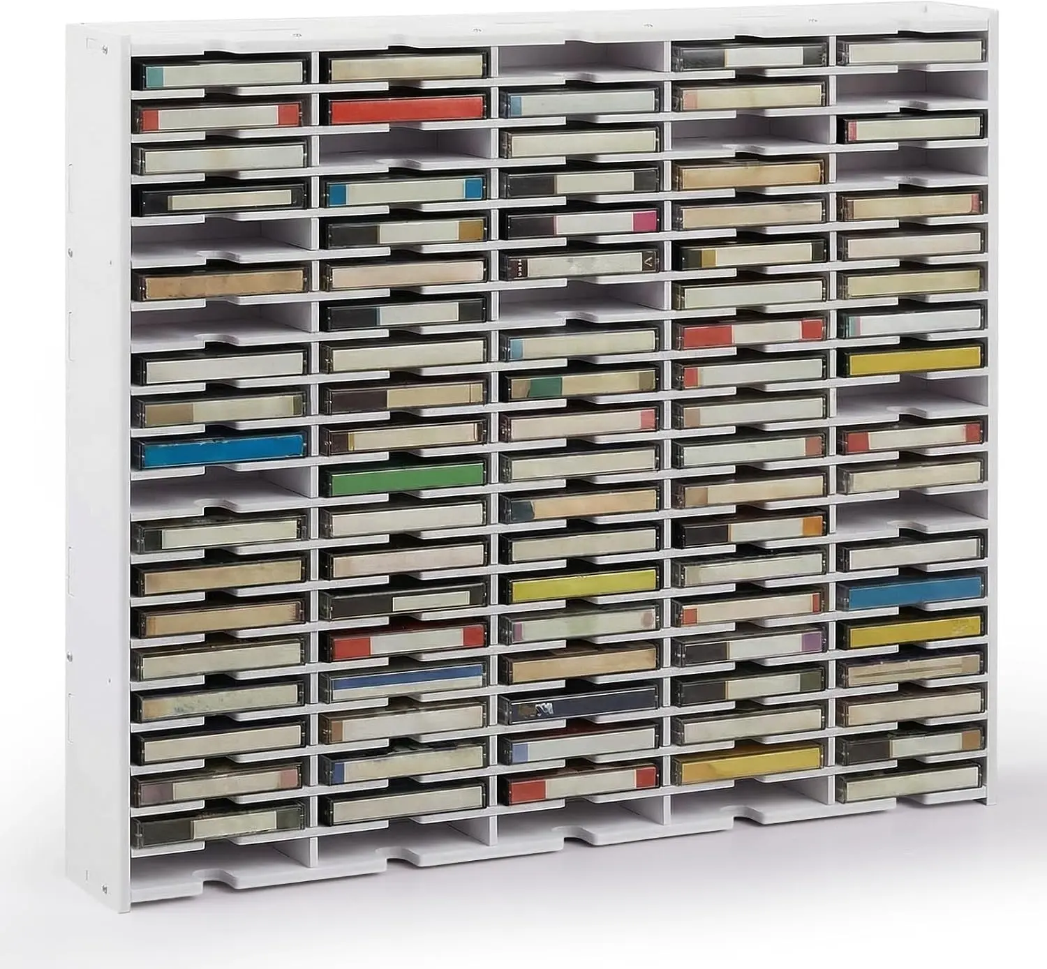 100 Slot Cassette Tape Storage Rack, Wall Mount or Freestanding Audio Tape Organizer, Stackable Desktop Cassette Display Holder for Media Mixtapes Playing Cards Collectors Gifts