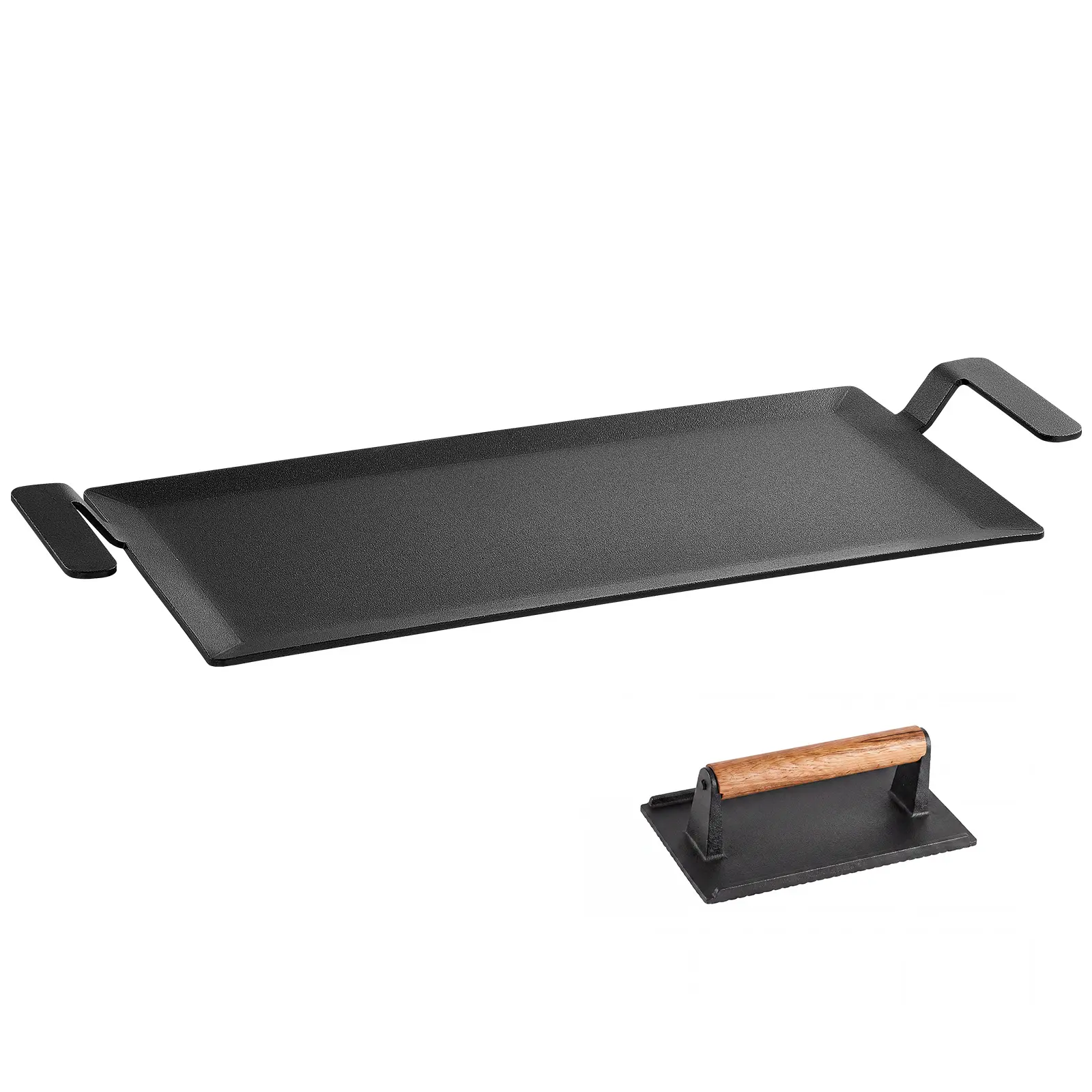 VEVOR Carbon Steel Griddle 17x9 in Flat Top Pre-Seasoned Plate Handle, for BBQ Eggs Burgers, Non-Stick, Portable Rectangular Family Cookware with Meat Press, for Outdoor Gas Grill/Stove, Induction
