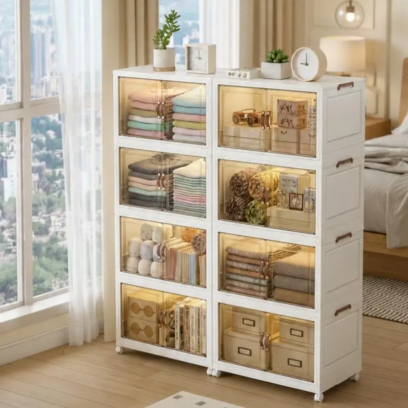 Classic Rectangular ABS Foldable Storage Box with Lid, Wheels & Transparent Drawer - 4-tier/5-tier 70cm Wide White Tea Color Household Cabinet Organizer, Stackable, Door-mountable for Home Bathroom, Kitchen, Shoe Storage