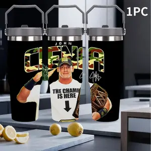 1pc 30oz thermos cup, Drinkware flasks, with JOHN CENA camouflage letters and portrait, black matte cup with dark grey handle seal, JOHN CENA split word and WWE championship belt design, stainless steel ring decoration, sports champion style