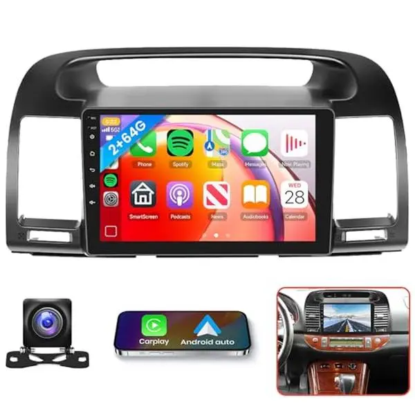 Podofo 9-inch Tempered Glass Touchscreen Android 15 System Car Radio for 2000-2006 Toyota Camry, 2G+64G Android Auto/CarPlay Stereo with GPS Navigation, 1080P, Bluetooth, WiFi, EQ Audio, FM RDS Radio + AHD Backup Camera (Father's Day Gift), Android System