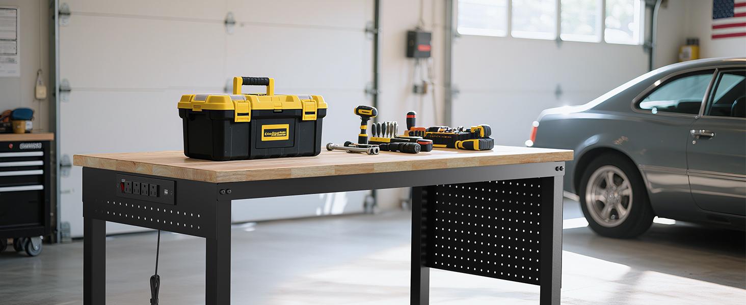 CAMMOO 47.64" Adjustable Heavy Duty Workbench, 2000 LBS Load Capacity Rubber Wood Work Table with Pegboard, Power Outlets, Work Bench for Garage, Workshop, Office, Home, Commercial