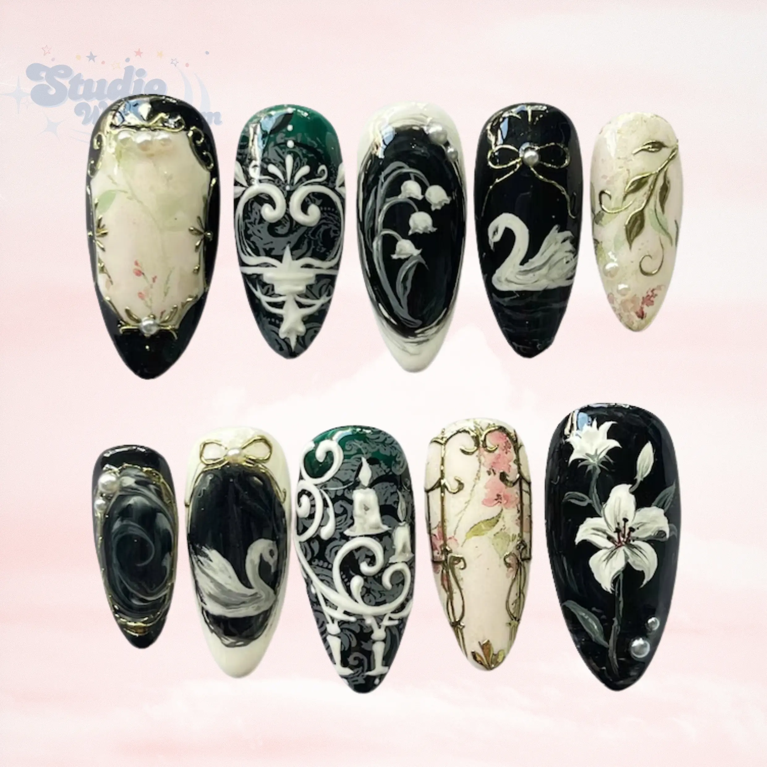 Elegant Black & White Swan Nail Set, Vintage Baroque Floral Press On Nails, Hand-Painted Lily Art Nails, Gothic Romantic Wedding Nails