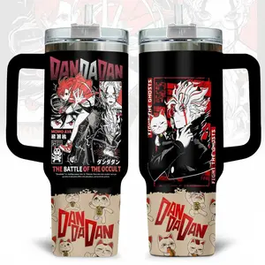 Dandadan Anime Tumbler 40oz with Handle and Straw | Momo & Okarun Battle of the Occult Insulated Travel Mug | Manga Fan Gift | Premium Quality Merch