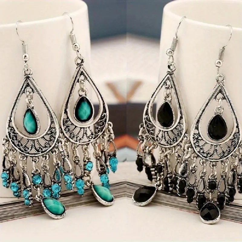 Women's Vintage Bohemian Teardrop Hollow Filigree Tassel Dangle Earrings Antique Silver Turquoise & Black Gemstone Ethnic Fringe Drop Earrings Boho Festival Vacation Western Statement Ear Jewelry