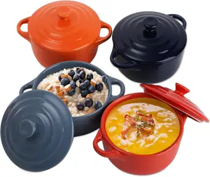 4 Pack Porcelain Ramekins with Lid, 8 oz Small Cocotte Casserole Dishes with Lids and Handles, Individual Servings Souffle Creme Brulee Dishes for Baking, Oven Safe, 4 Colors
